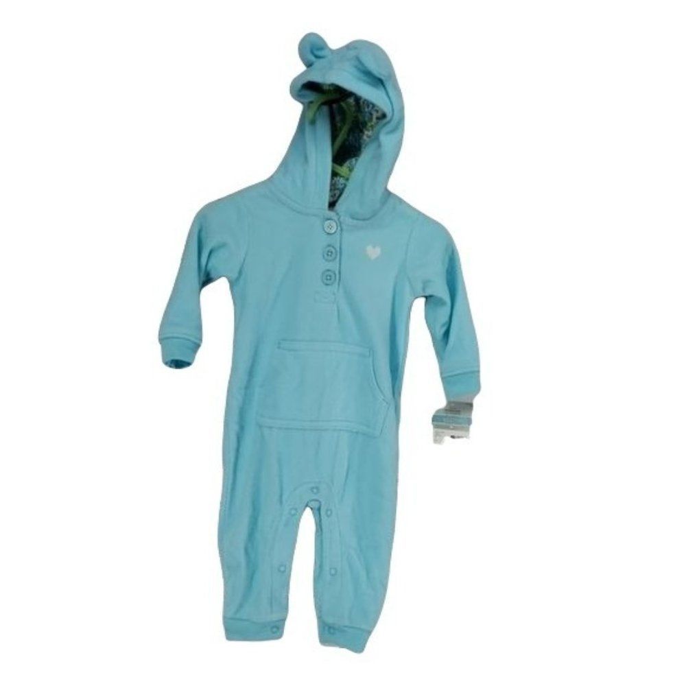 Carters Baby Blue Fleece Hooded Jumpsuit Bear Ears Heart 6M 118-928